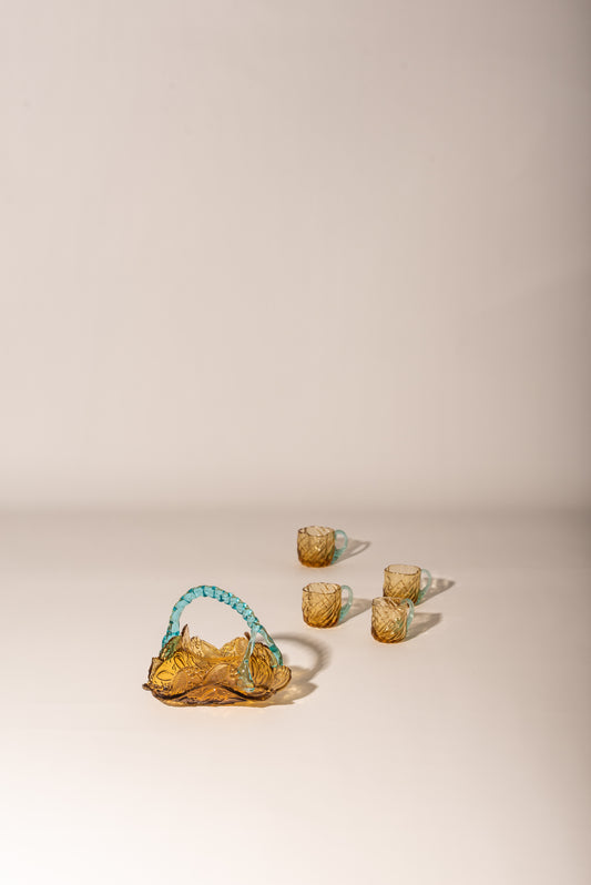Glass basket and teacups